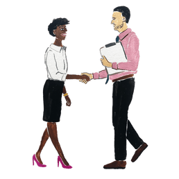 Illustration of a man and woman shaking hands. The man is holding a clip board