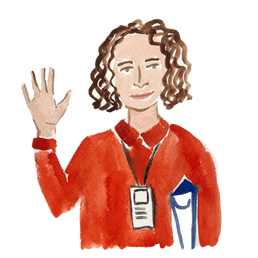 Illustration of woman wearing red shirt and a lanyard