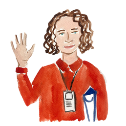 Illustration of woman wearing red shirt and a lanyard