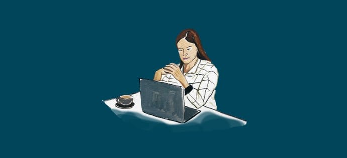 Illustration of woman wearing a checkered jacket looking at laptop screen with a cup of coffee beside her